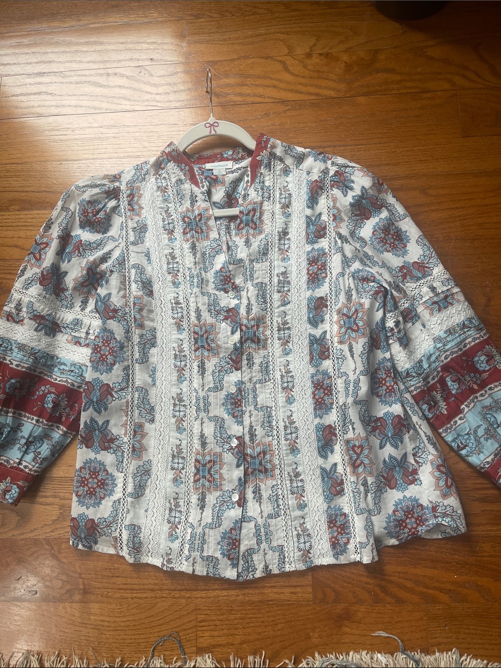 Sundance Floral Pintuck Button-Up Blouse in White, Burgundy, and Blue